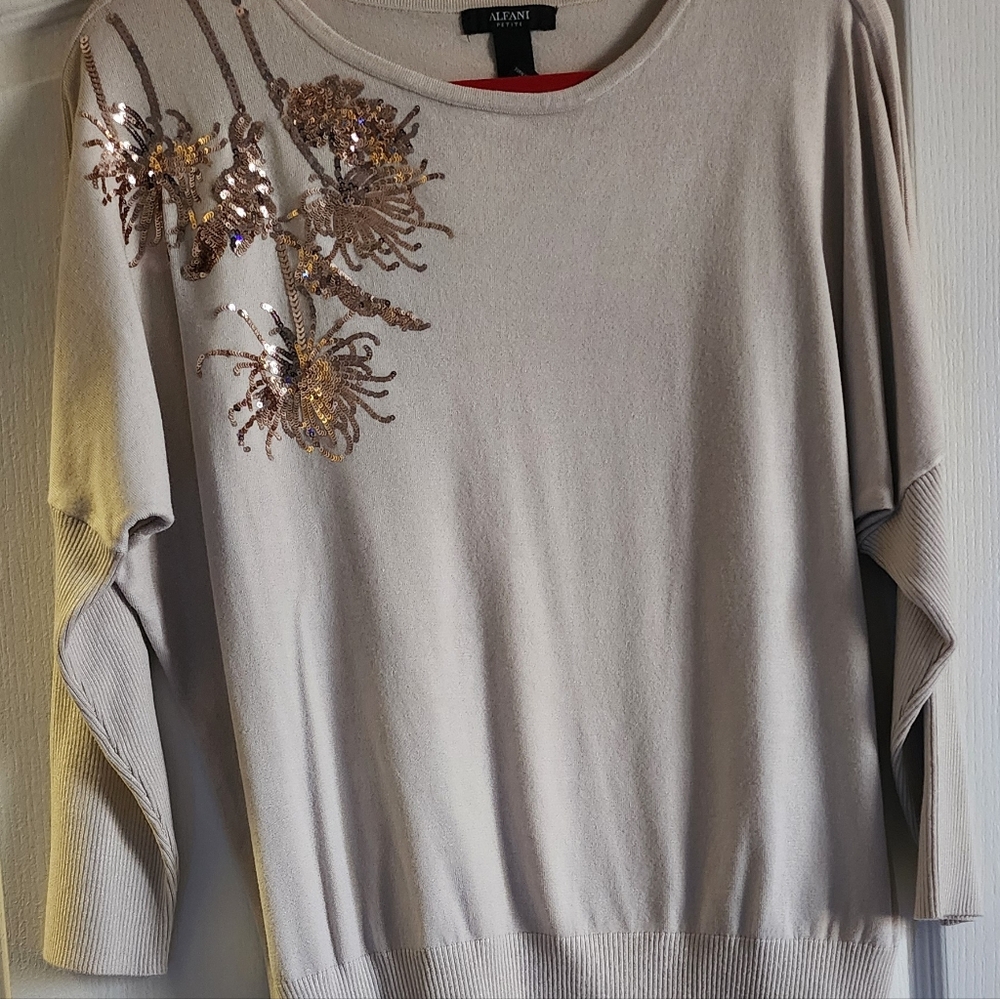 Alfani Elegant Beige Sweater with Sequin Floral Design